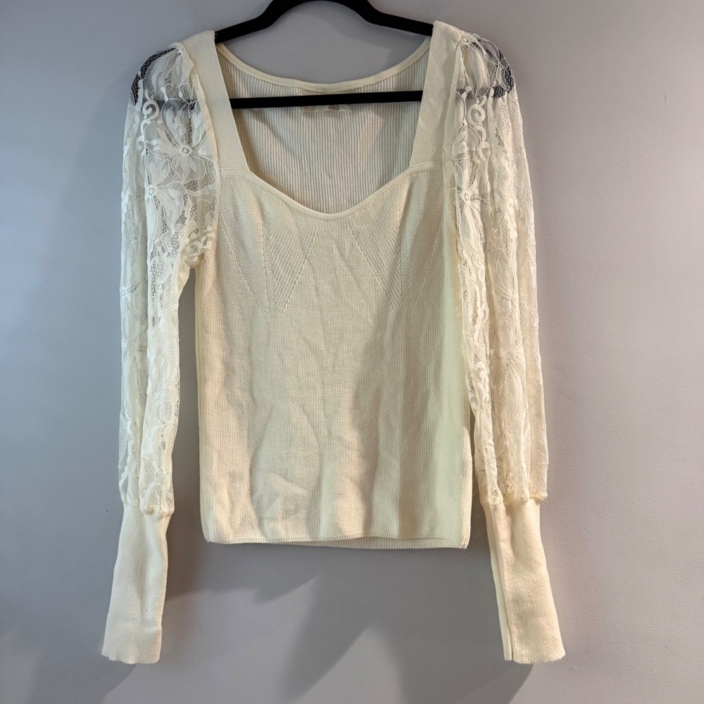 Anthropologie Knit Top Womens S Ivory Excellent Lace Sleeve Sweetheart Square